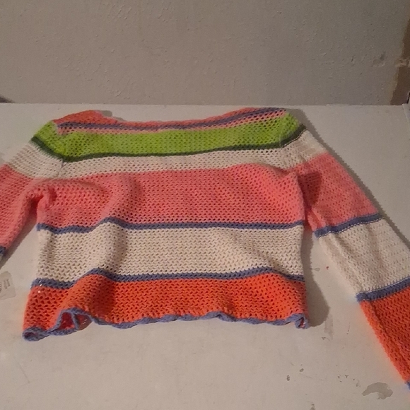 Hippie Rose Crochet Mesh Striped Sweater L | Y2K Boho Knit Pullover - Picture 3 of 8